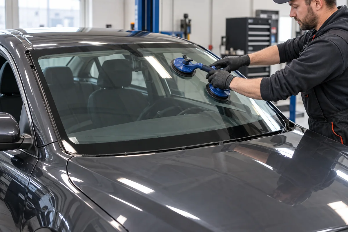 Illustration of an auto glass technician positioning a replacement windshield with a suction lifter.