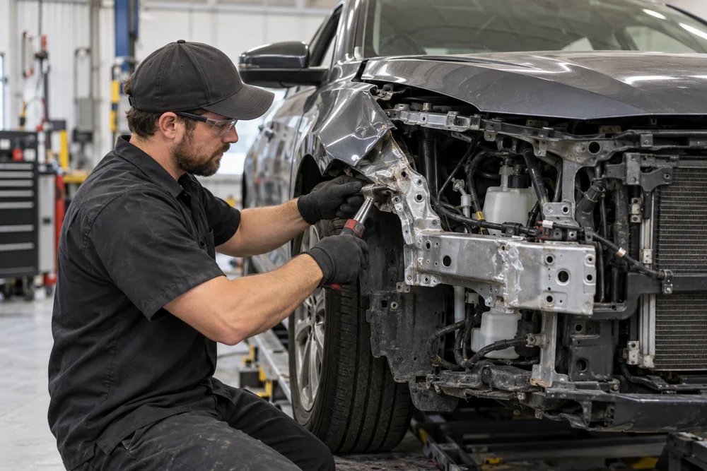 Illustration of an auto body technician working on collision-damaged bodywork.