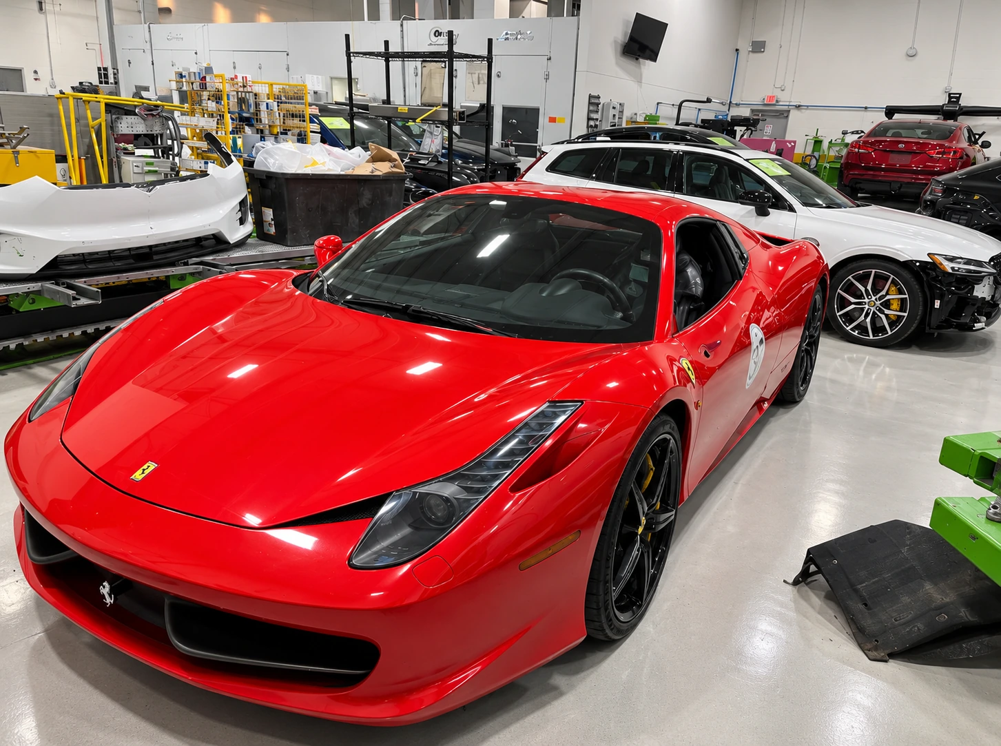 A red sports car and other vehicles inside the G&G Auto Collision repair workshop.